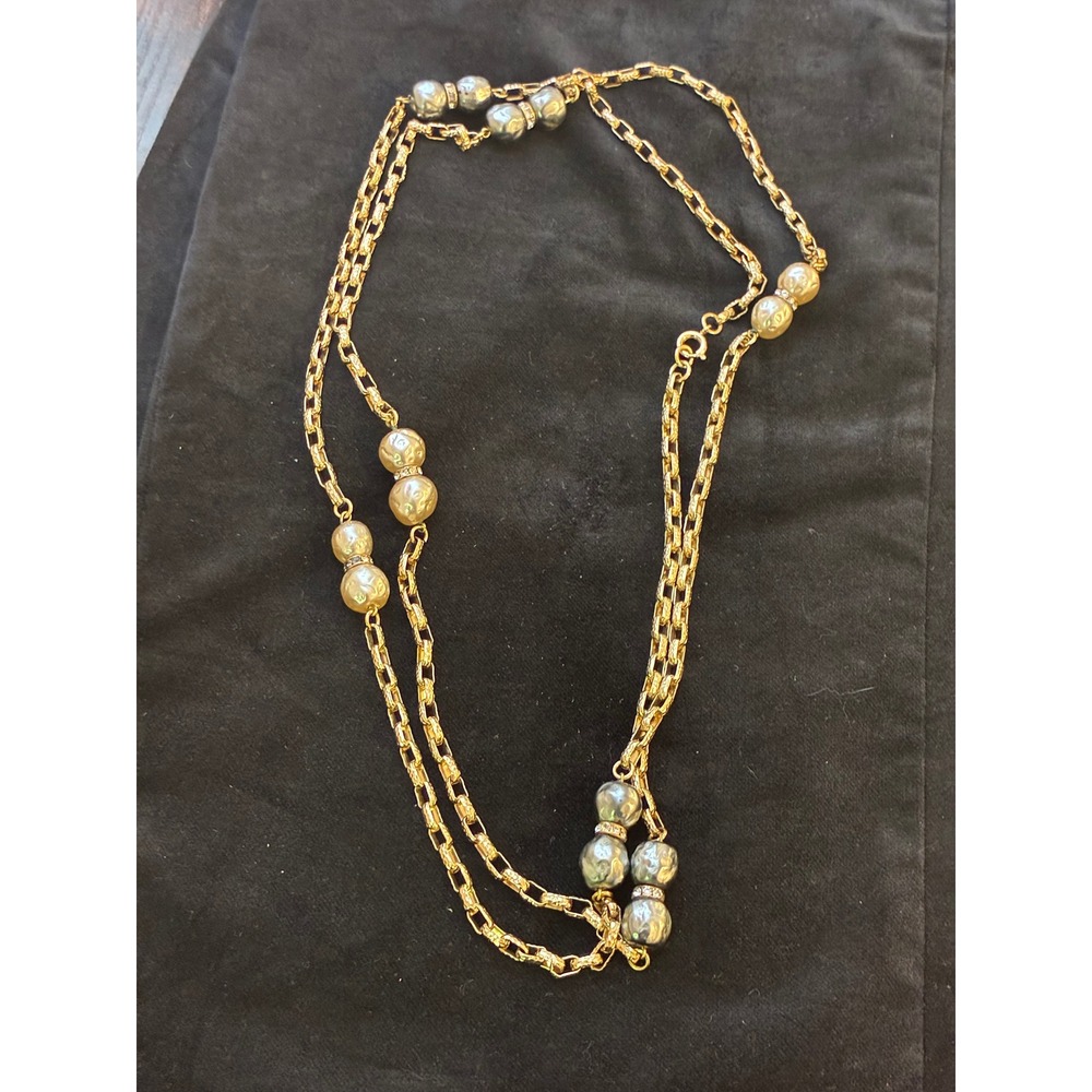 Vintage Germany Mid Century Baroque Pearl Long Gold Tone Chain Necklace 38"